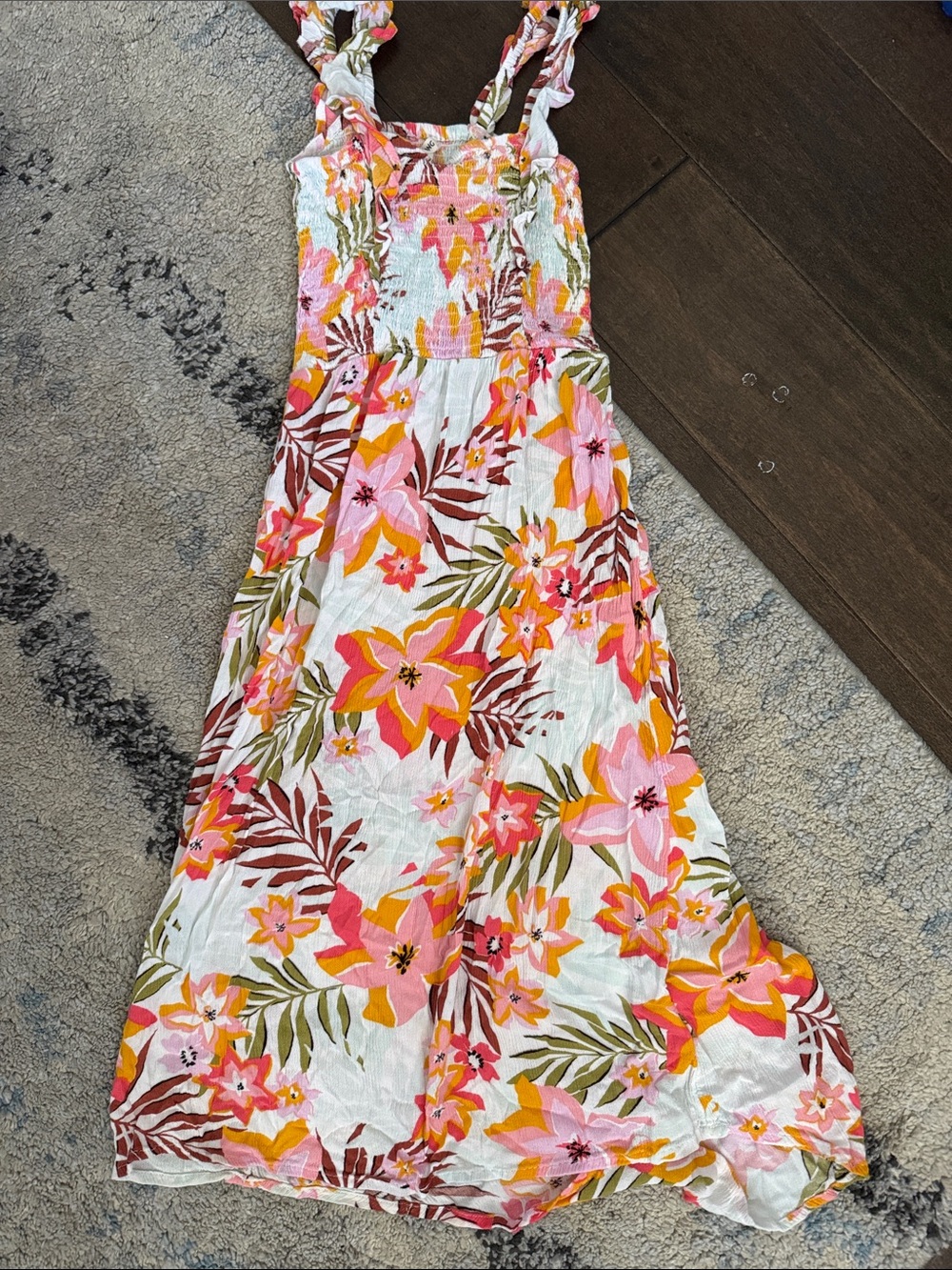 Billabong White Maxi Dress with Pink, Orange & Green Floral Print